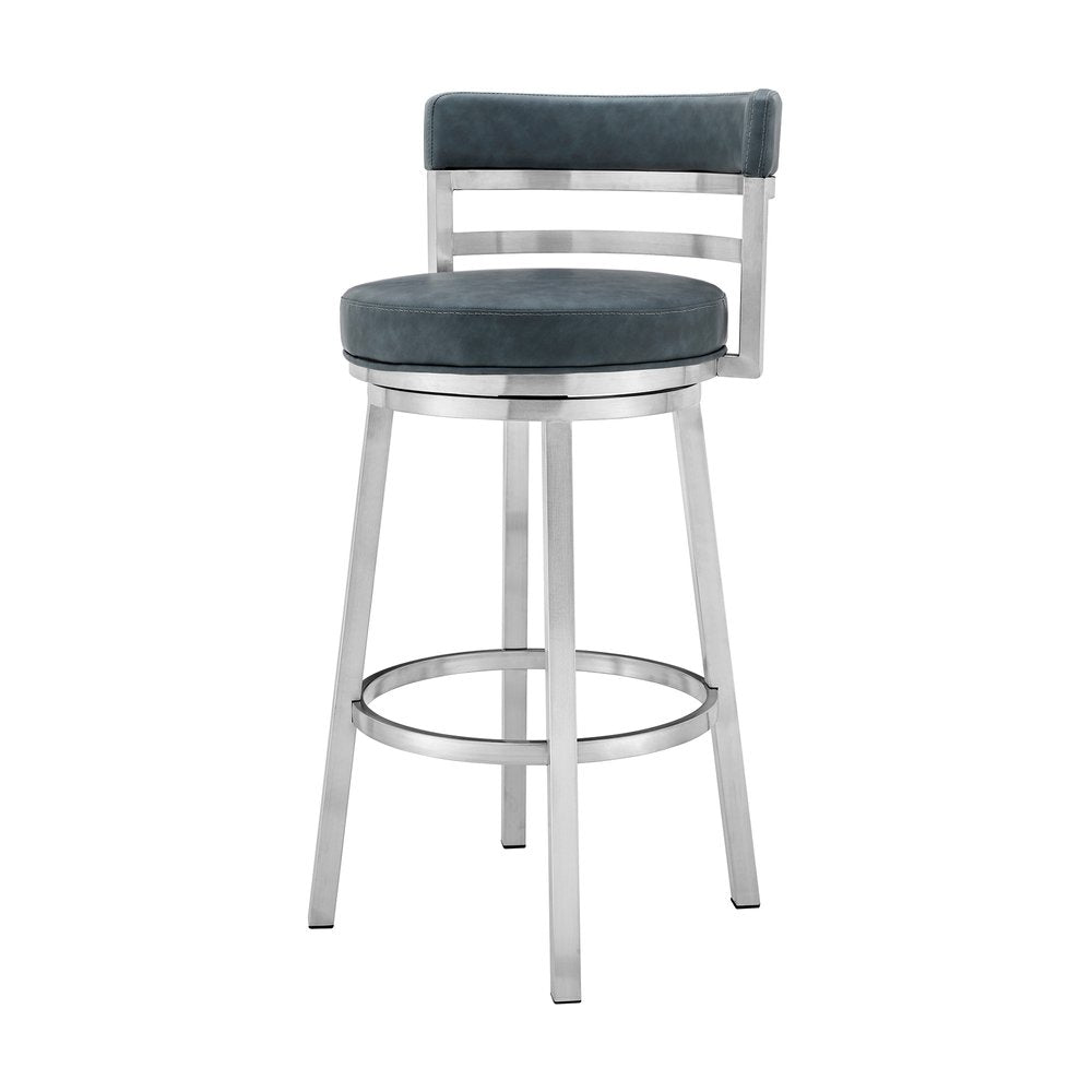30" Blue And Silver Faux Leather And Iron Swivel Low Back Bar Height Bar Chair HomeRoots