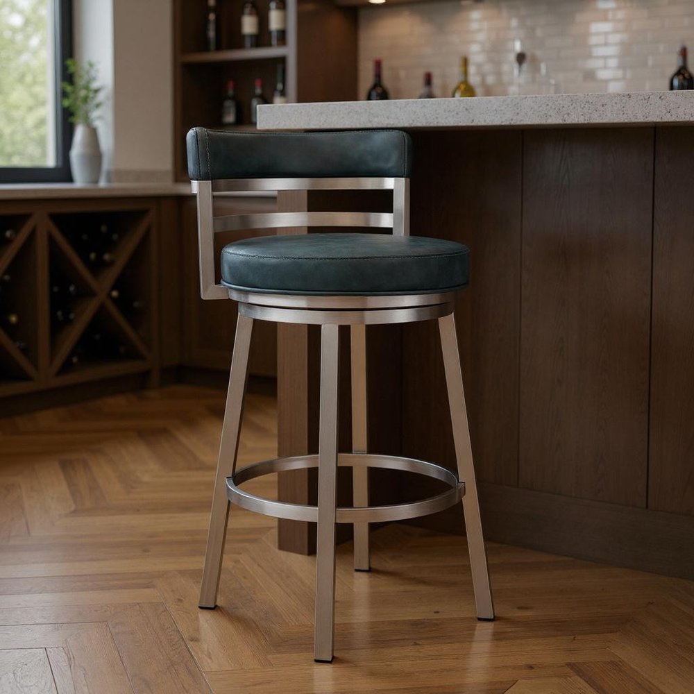 30" Blue And Silver Faux Leather And Iron Swivel Low Back Bar Height Bar Chair HomeRoots