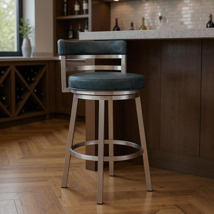 30" Blue And Silver Faux Leather And Iron Swivel Low Back Bar Height Bar Chair HomeRoots