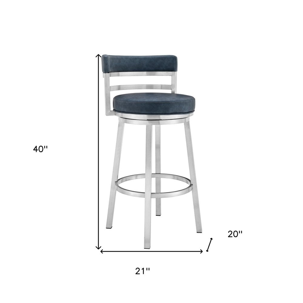 30" Blue And Silver Faux Leather And Iron Swivel Low Back Bar Height Bar Chair HomeRoots