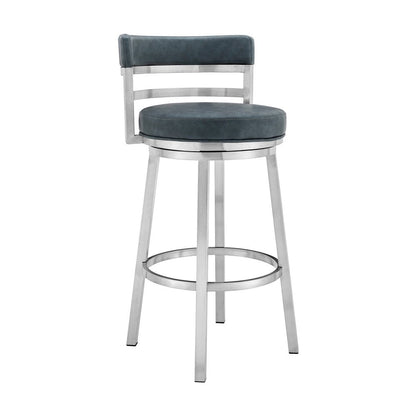30" Blue And Silver Faux Leather And Iron Swivel Low Back Bar Height Bar Chair HomeRoots