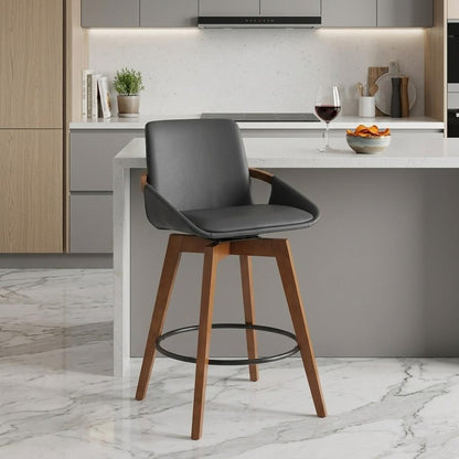 27" Gray And Brown Fabric And Iron Counter Height Swivel Bar Chair HomeRoots