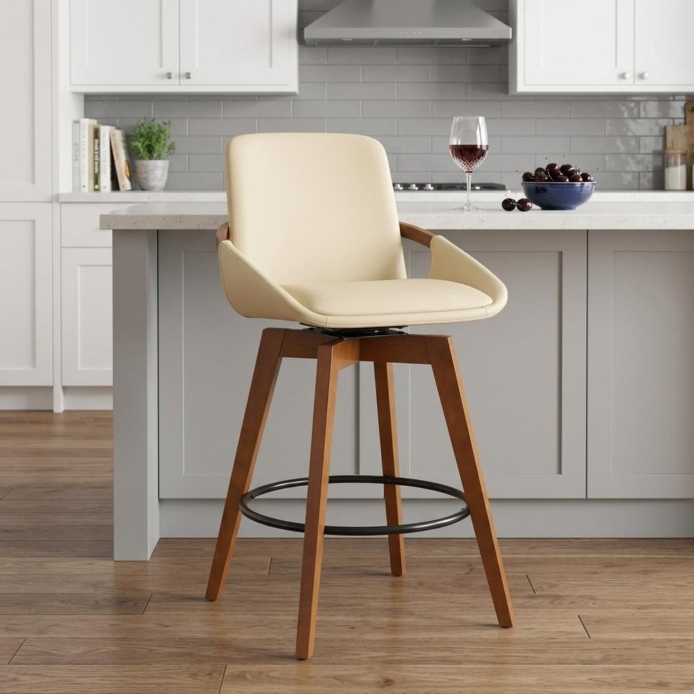 27" Cream And Brown Fabric And Iron Counter Height Swivel Bar Chair HomeRoots
