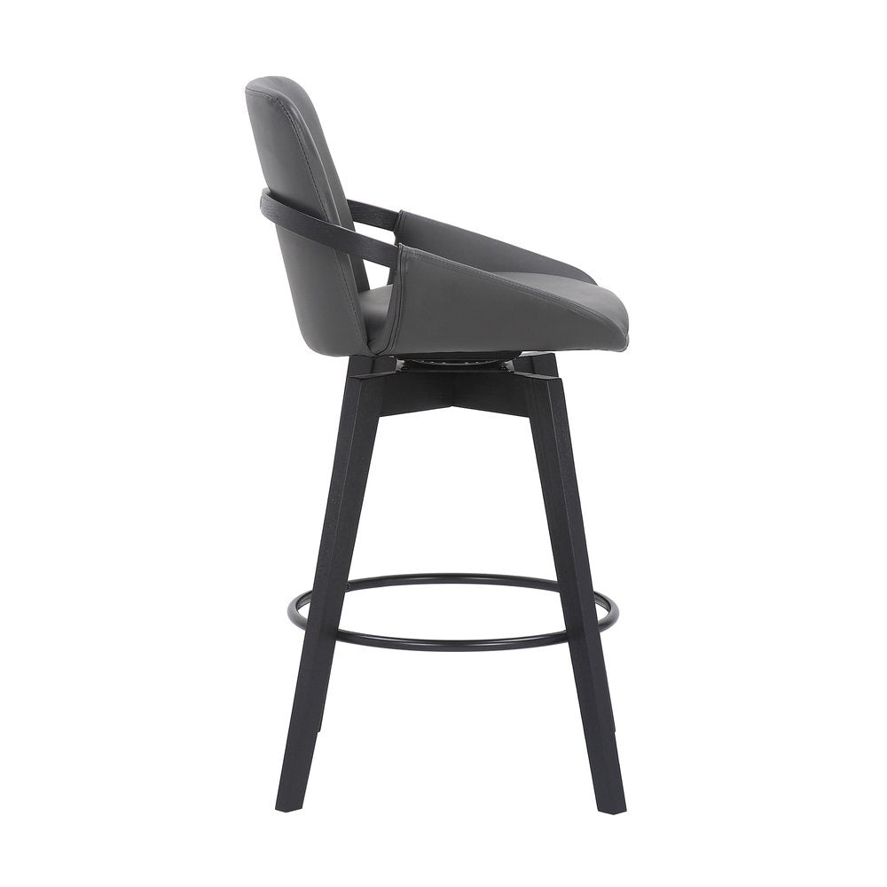 27" Gray And Black Faux Leather And Wood Low Back Bar Height Swivel Bar Chair HomeRoots