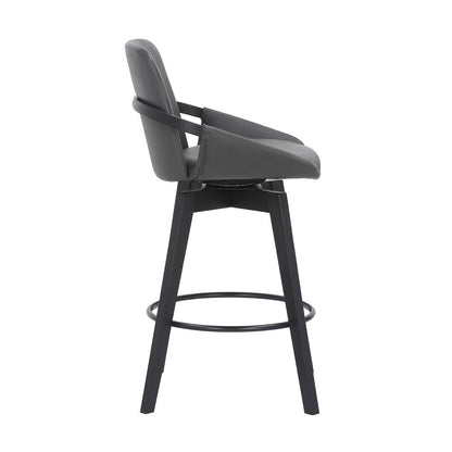 27" Gray And Black Faux Leather And Wood Low Back Bar Height Swivel Bar Chair HomeRoots