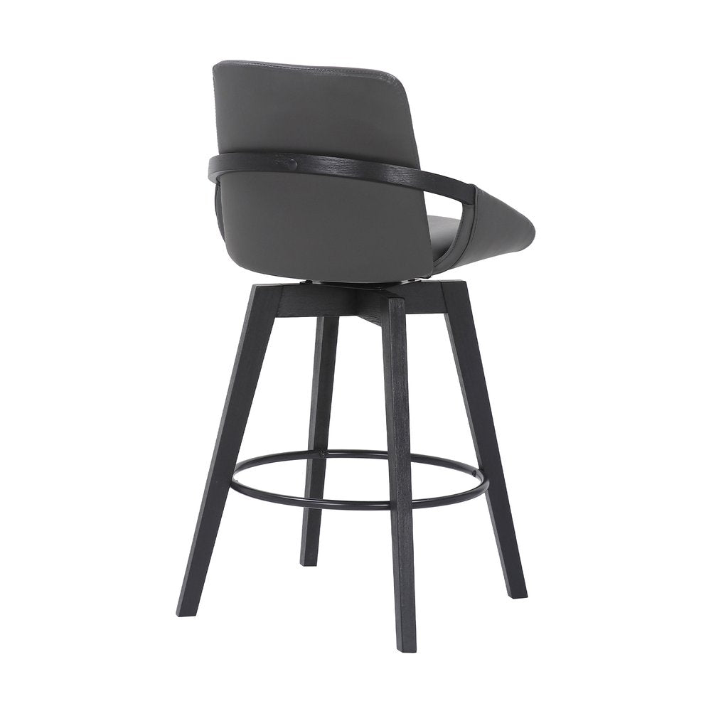 27" Gray And Black Faux Leather And Wood Low Back Bar Height Swivel Bar Chair HomeRoots
