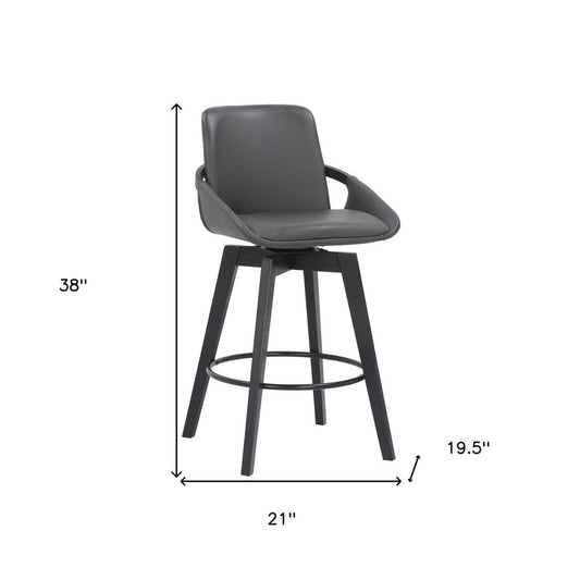 27" Gray And Black Faux Leather And Wood Low Back Bar Height Swivel Bar Chair HomeRoots