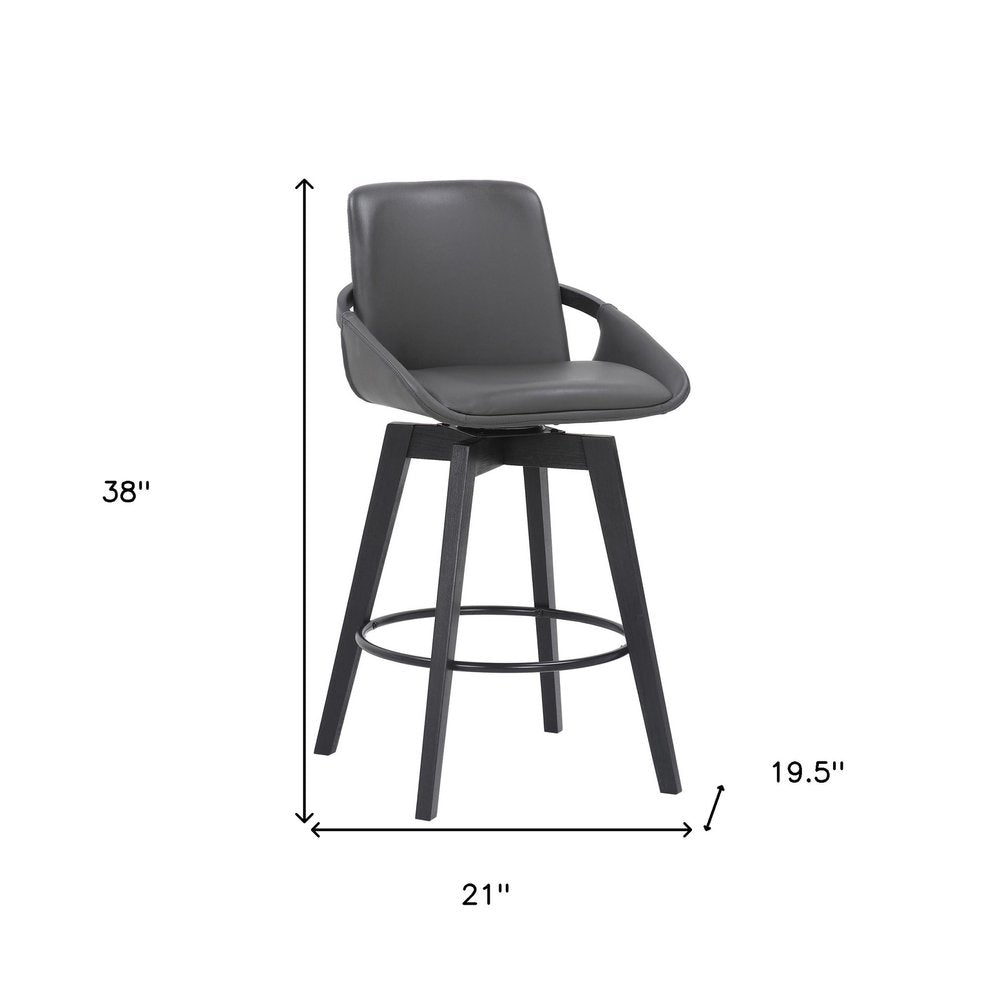 27" Gray And Black Faux Leather And Wood Low Back Bar Height Swivel Bar Chair HomeRoots