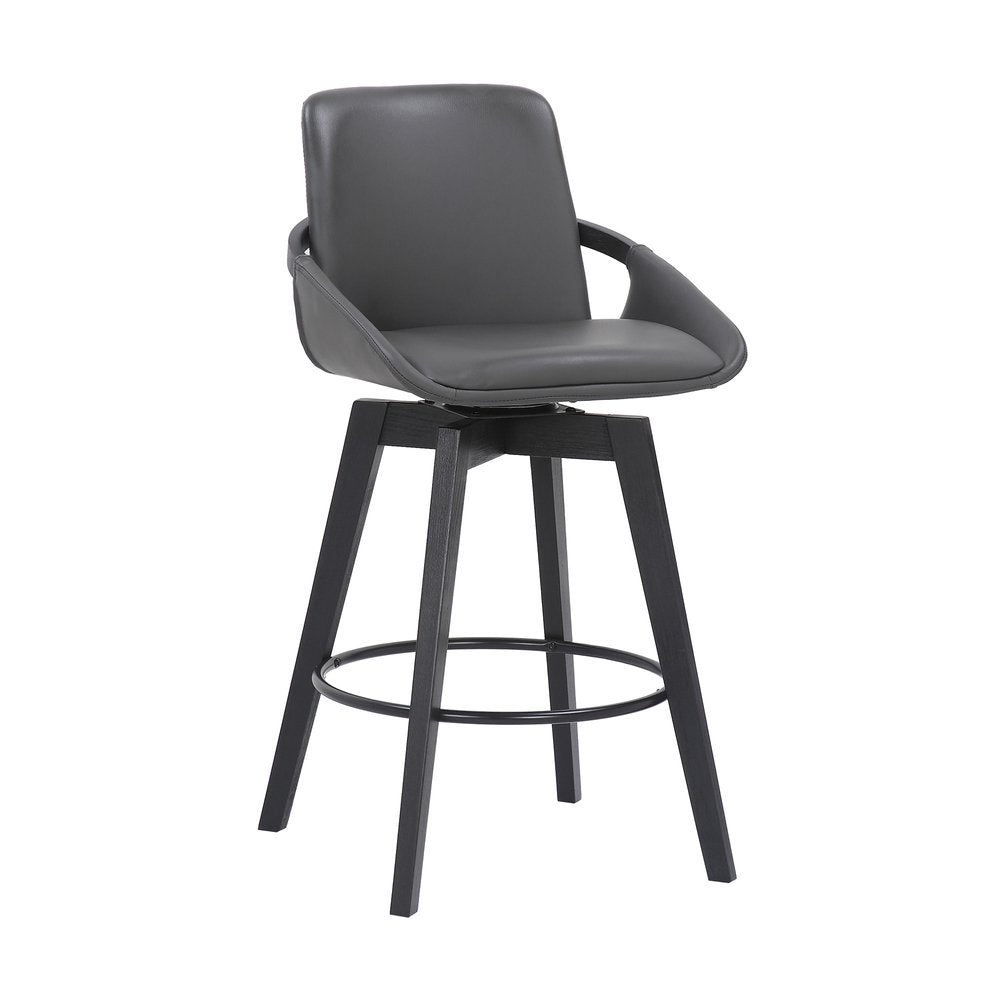 27" Gray And Black Faux Leather And Wood Low Back Bar Height Swivel Bar Chair HomeRoots