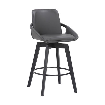 27" Gray And Black Faux Leather And Wood Low Back Bar Height Swivel Bar Chair HomeRoots