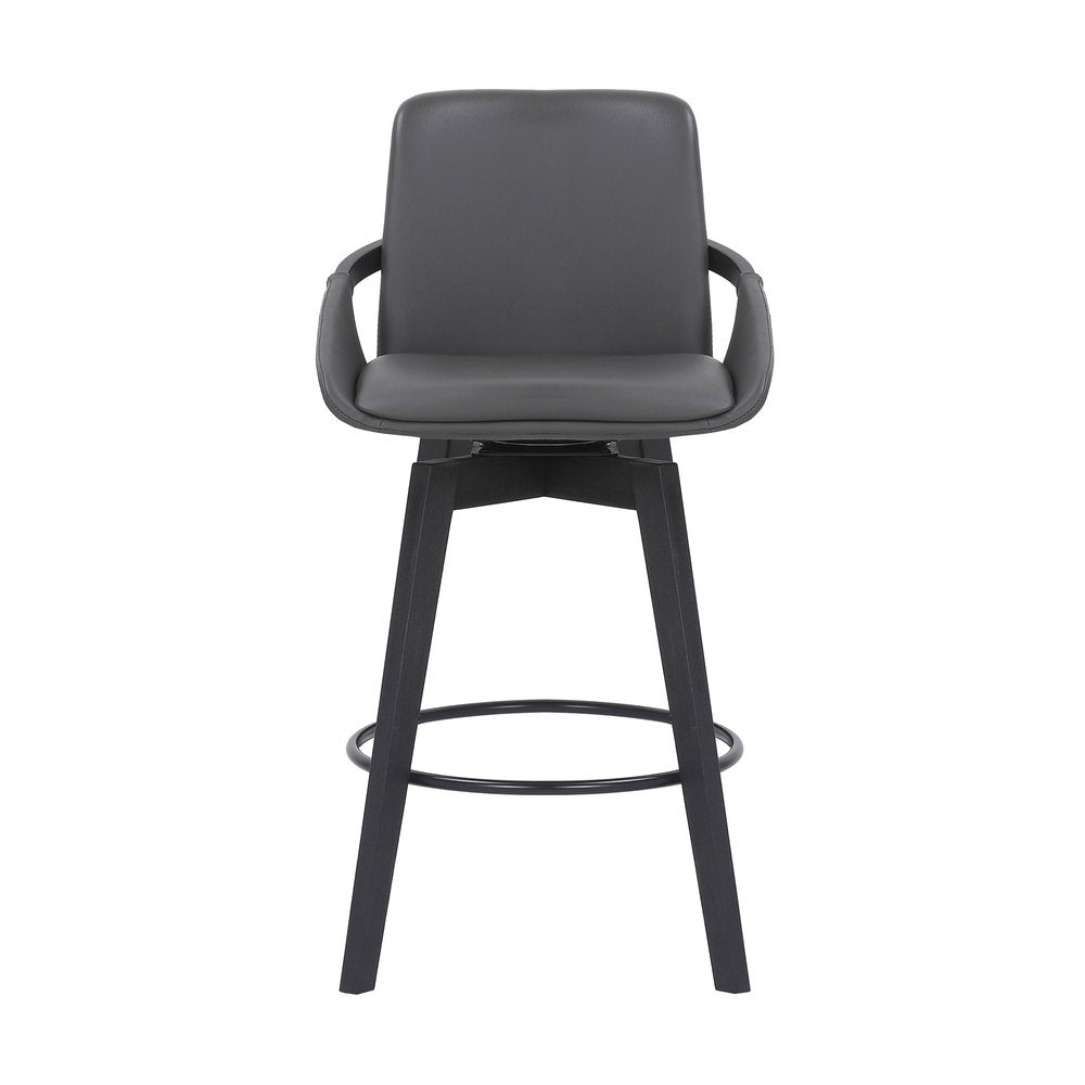 27" Gray And Black Faux Leather And Wood Low Back Bar Height Swivel Bar Chair HomeRoots