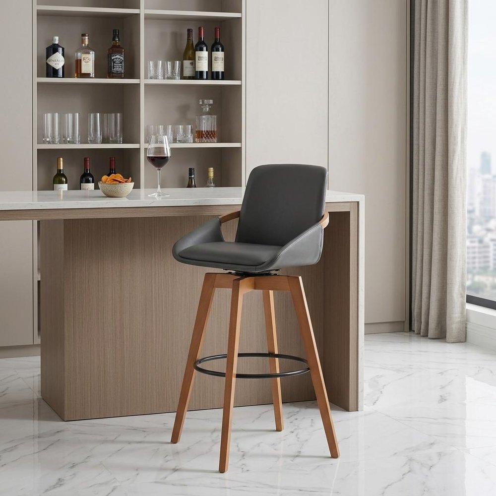 31" Gray And Black Fabric And Iron Bar Height Swivel Bar Chair HomeRoots