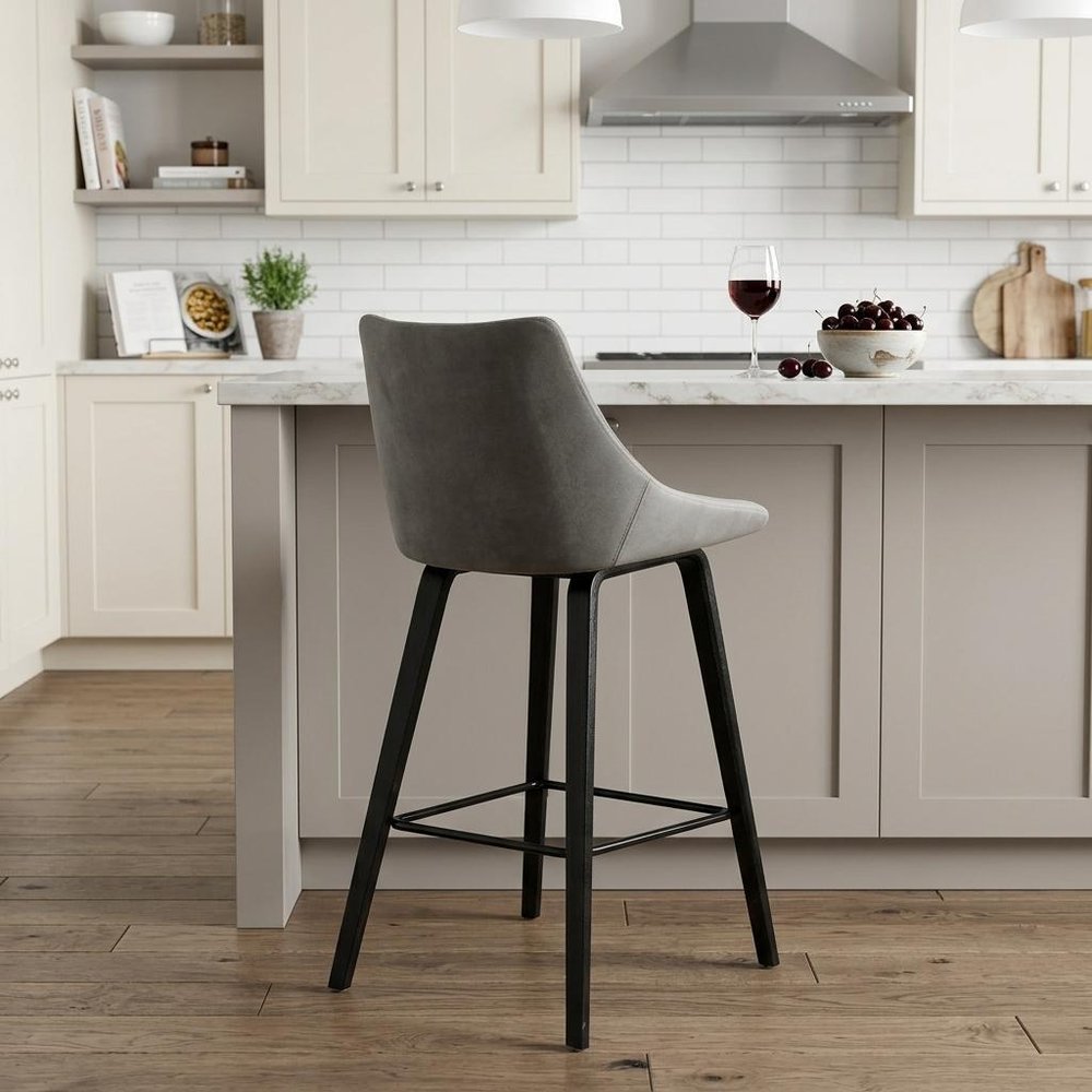 26" Gray And Black Fabric And Iron Counter Height Bar Chair HomeRoots