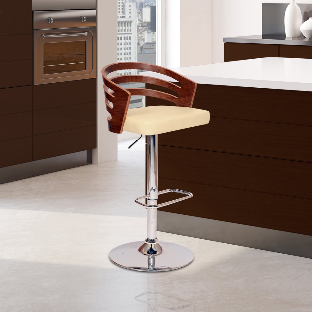 Cream And Silver Fabric And Iron Low Back Adjustable Height Swivel Bar Chair HomeRoots
