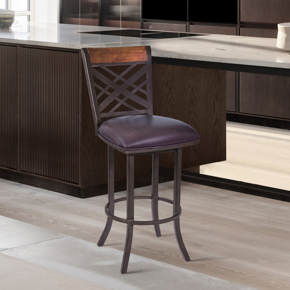 30" Brown Faux Leather And Fabric And Iron Bar Height Bar Chair HomeRoots