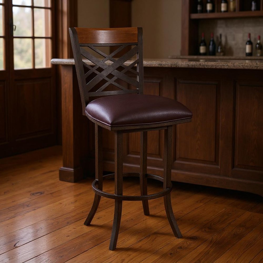 30" Brown Faux Leather And Fabric And Iron Bar Height Bar Chair HomeRoots