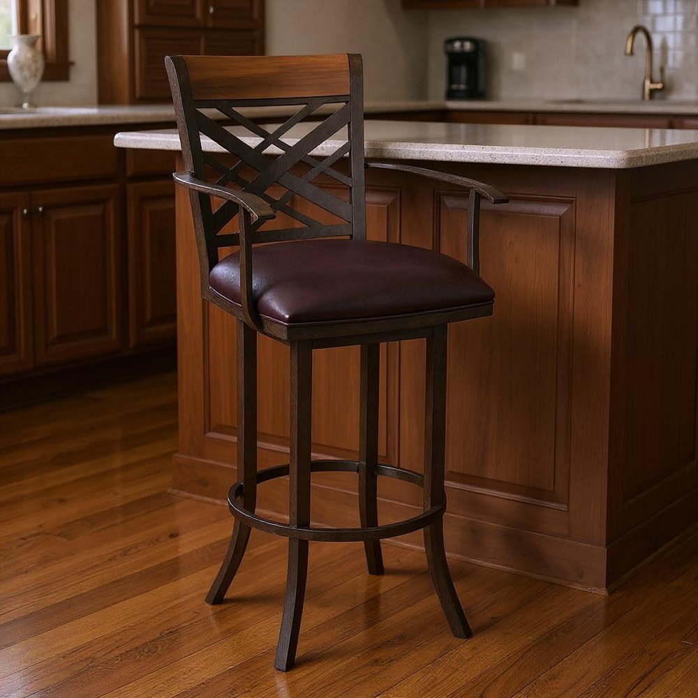 26" Brown Faux Leather And Iron Counter Height Bar Chair HomeRoots