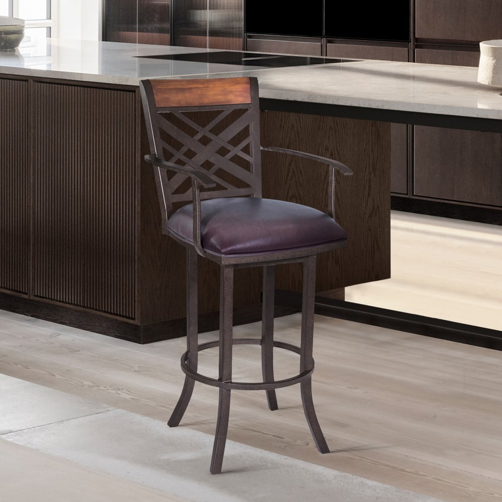 26" Brown Faux Leather And Iron Counter Height Bar Chair HomeRoots