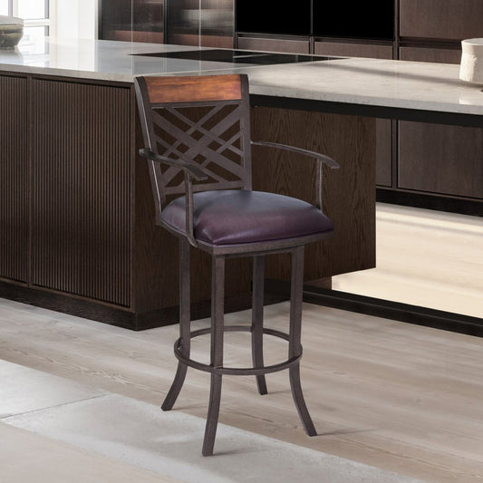 26" Brown Faux Leather And Fabric And Iron Counter Height Bar Chair HomeRoots