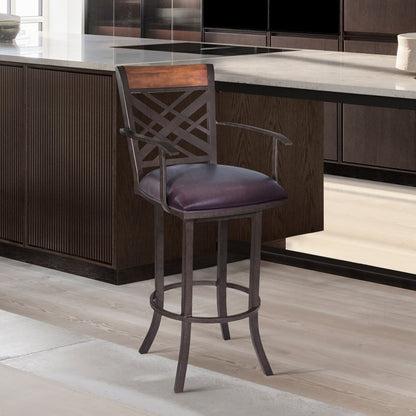 26" Brown Faux Leather And Fabric And Iron Counter Height Bar Chair HomeRoots