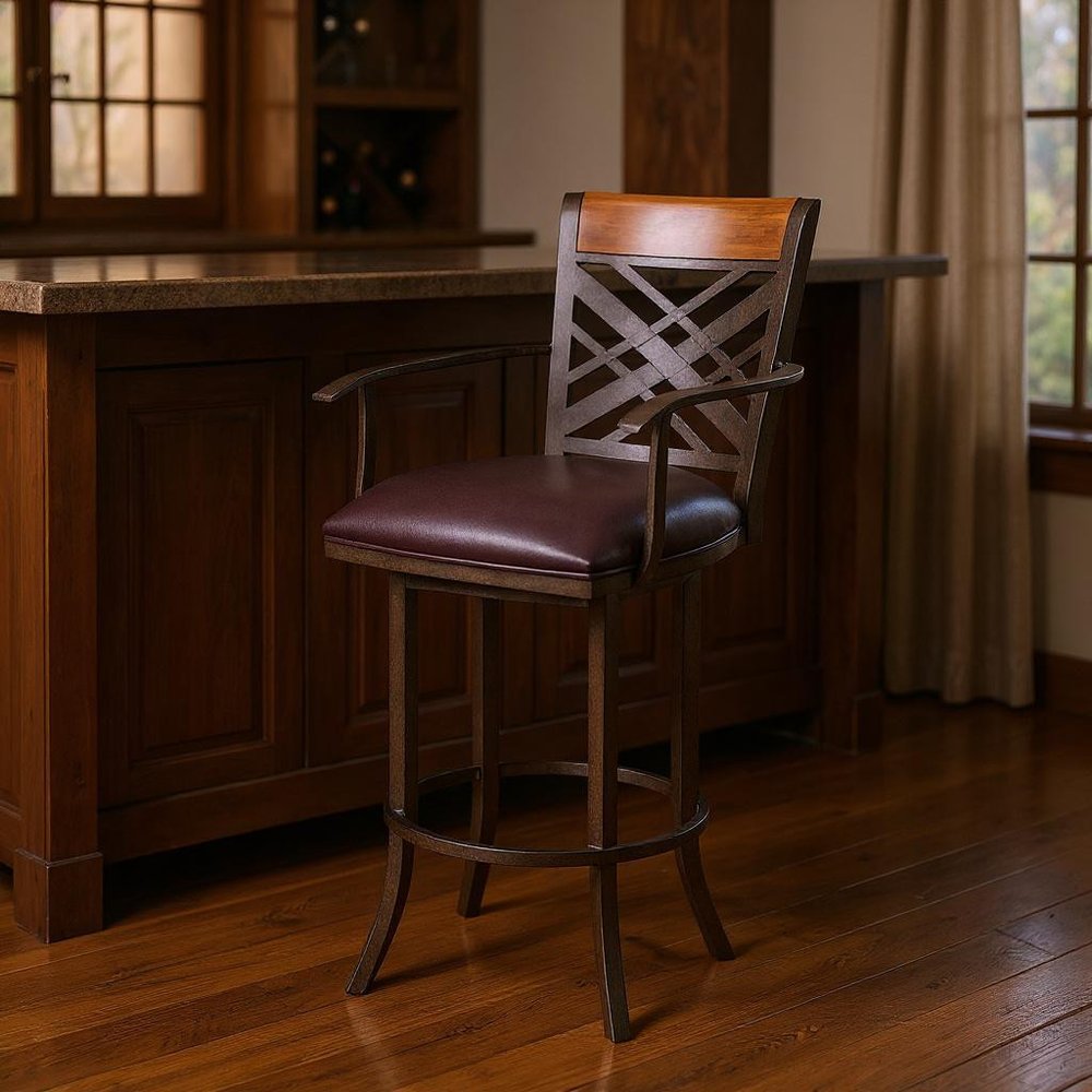 30" Brown Faux Leather And Fabric And Iron Bar Height Bar Chair HomeRoots