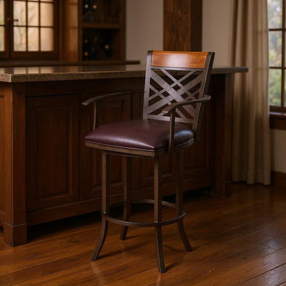 30" Brown Faux Leather And Fabric And Iron Bar Height Bar Chair HomeRoots