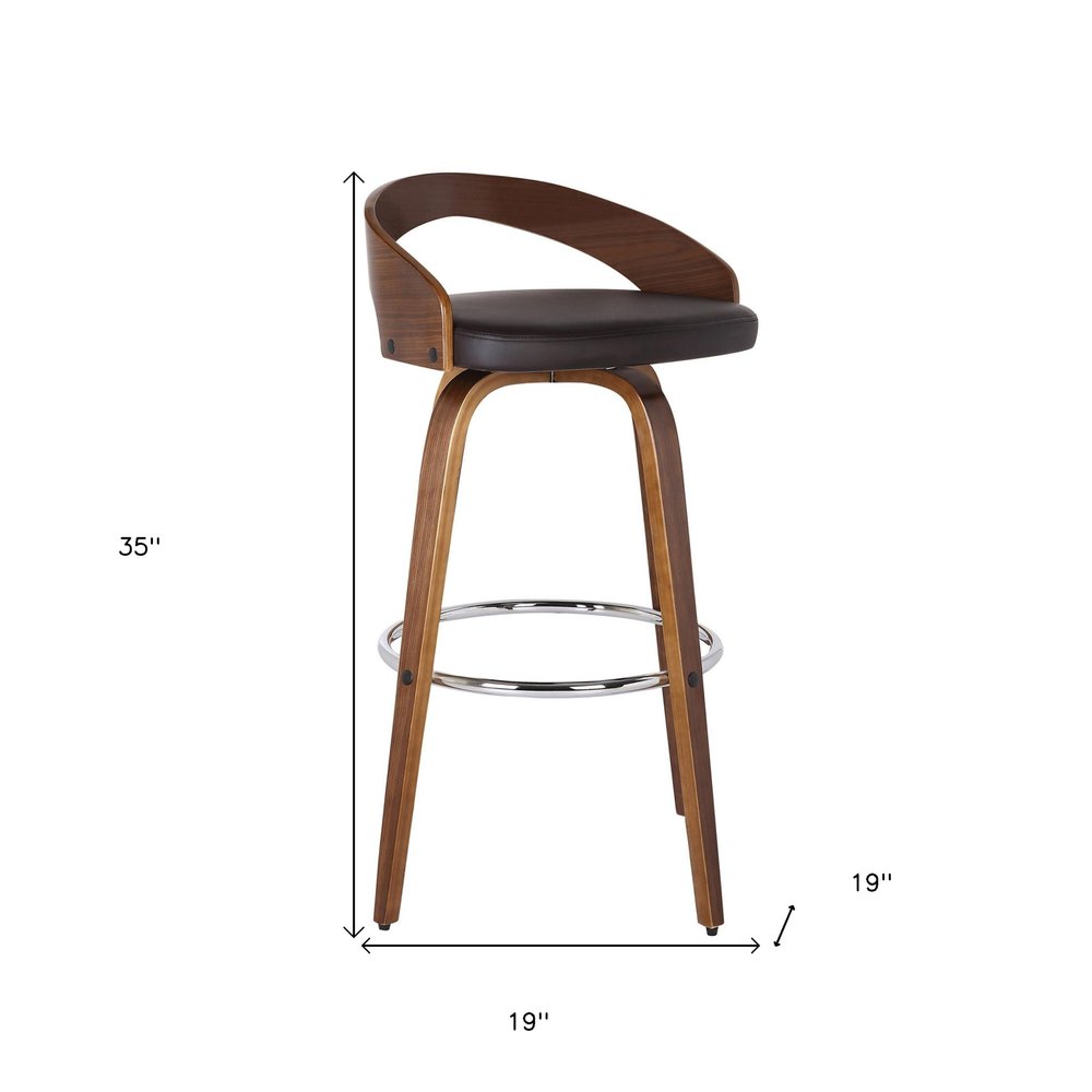 30" Brown Faux Leather And Fabric And Solid Wood Low Back Bar Height Swivel Bar Chair HomeRoots