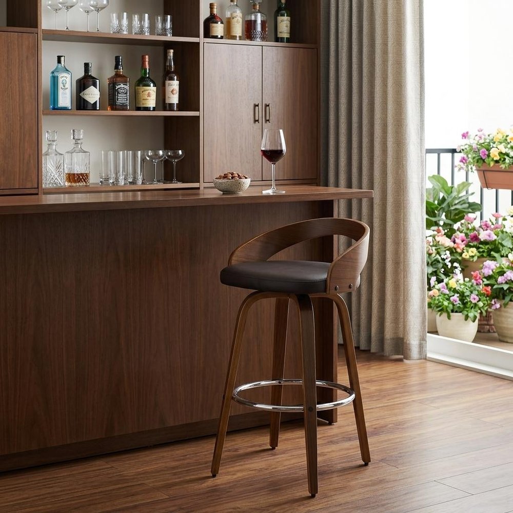 30" Brown Faux Leather And Fabric And Solid Wood Low Back Bar Height Swivel Bar Chair HomeRoots