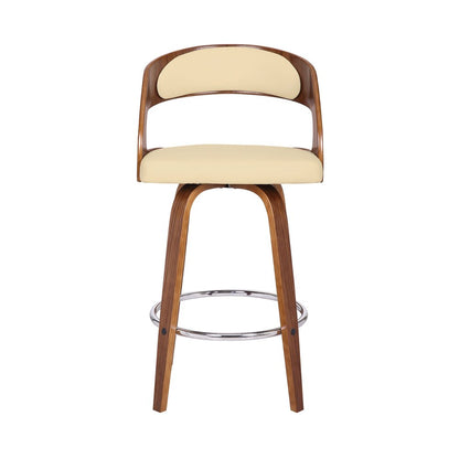 26" Cream And Brown Faux Leather And Fabric And Iron Low Back Counter Height Swivel Bar Chair HomeRoots