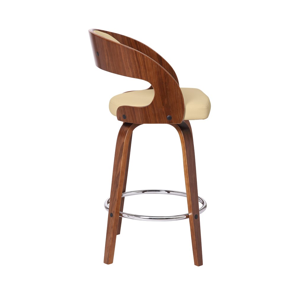 26" Cream And Brown Faux Leather And Fabric And Iron Low Back Counter Height Swivel Bar Chair HomeRoots