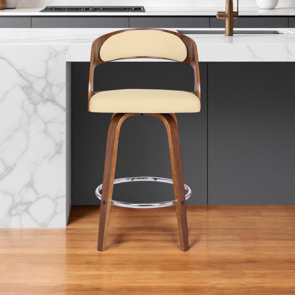 26" Cream And Brown Faux Leather And Iron Swivel Low Back Counter Height Bar Chair HomeRoots