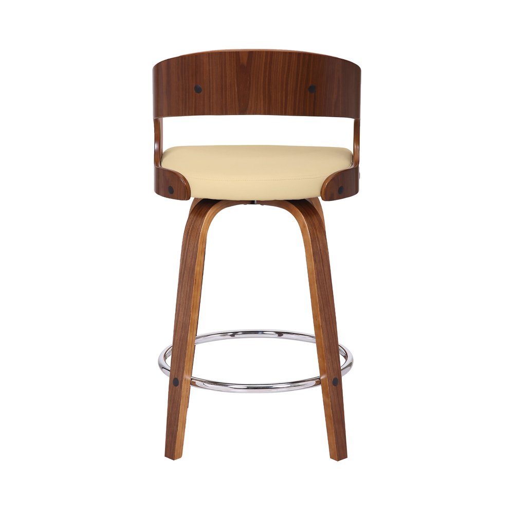 26" Cream And Brown Faux Leather And Fabric And Iron Low Back Counter Height Swivel Bar Chair HomeRoots