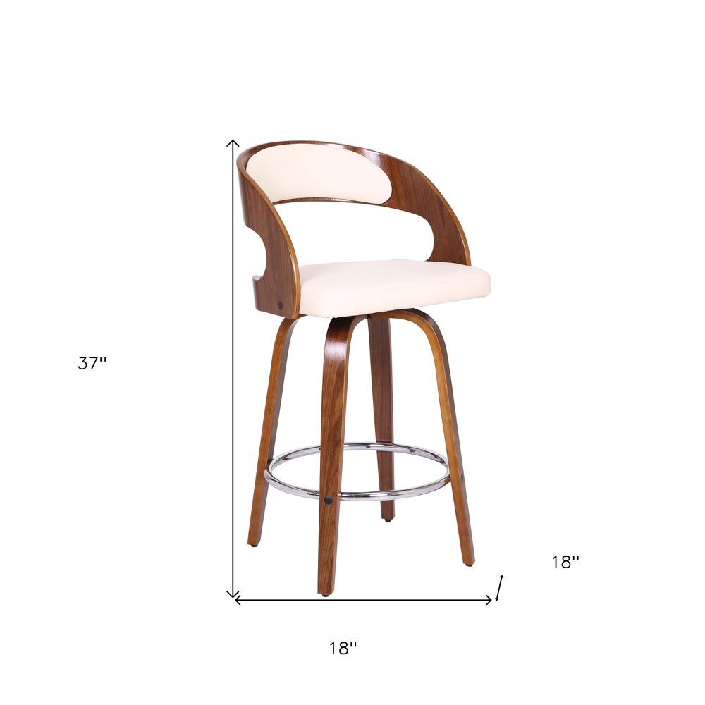 26" Cream And Brown Faux Leather And Fabric And Iron Low Back Counter Height Swivel Bar Chair HomeRoots