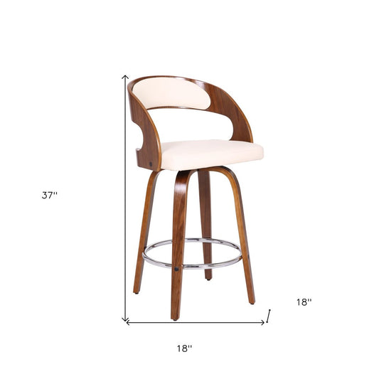 26" Cream And Brown Faux Leather And Fabric And Iron Low Back Counter Height Swivel Bar Chair HomeRoots