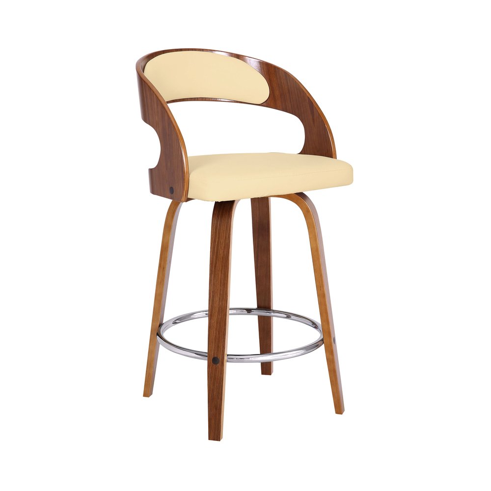 26" Cream And Brown Faux Leather And Fabric And Iron Low Back Counter Height Swivel Bar Chair HomeRoots