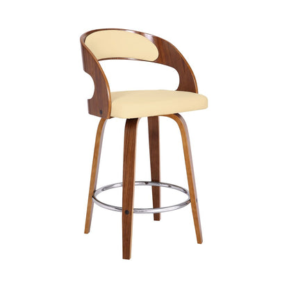 26" Cream And Brown Faux Leather And Fabric And Iron Low Back Counter Height Swivel Bar Chair HomeRoots