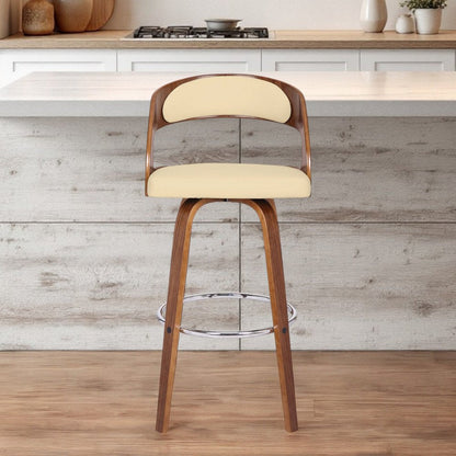30" Cream and Brown Fabric and Iron Low Back Bar Height Swivel Bar Chair HomeRoots