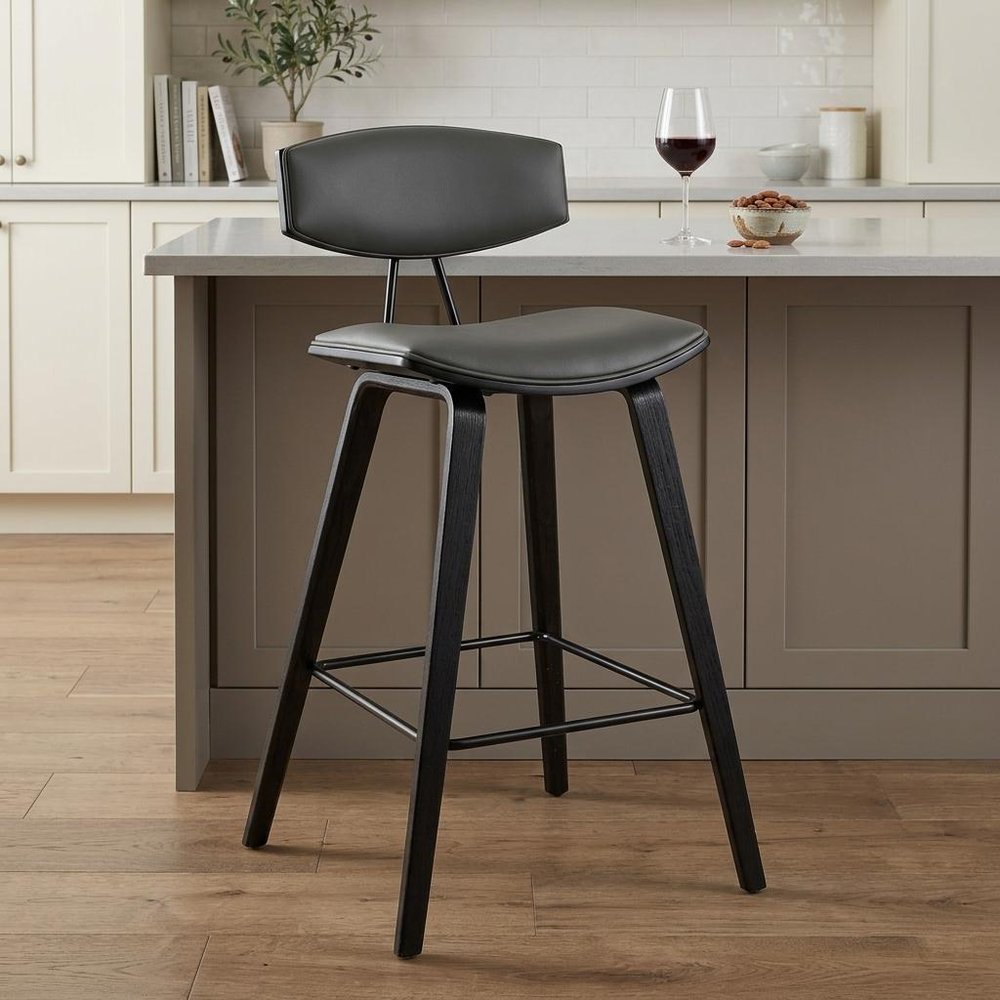 26" Gray And Black Faux Leather And Iron Low Back Counter Height Bar Chair HomeRoots
