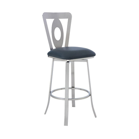 30" Gray And Silver Faux Leather And Fabric And Iron Bar Height Swivel Bar Chair HomeRoots