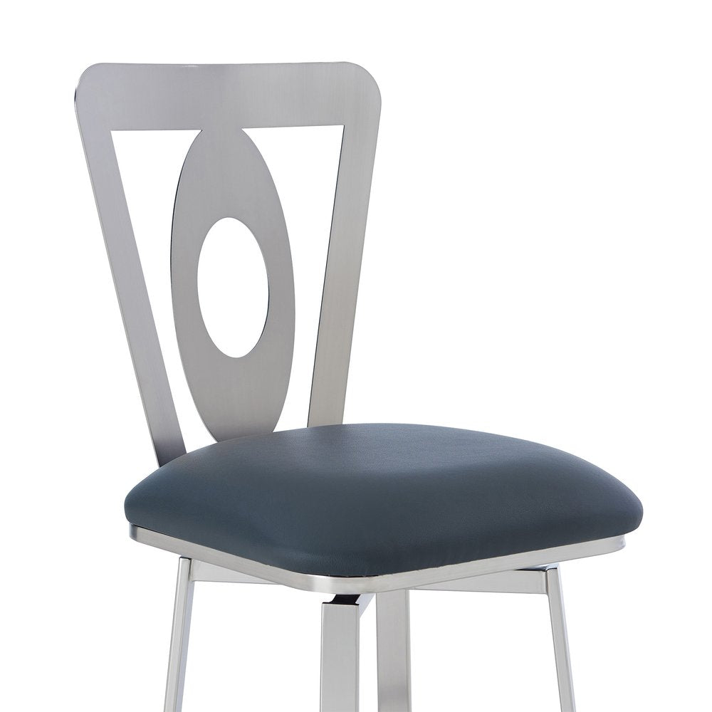 30" Gray And Silver Faux Leather And Iron Swivel Bar Height Bar Chair HomeRoots