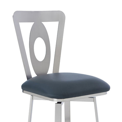 30" Gray And Silver Faux Leather And Iron Swivel Bar Height Bar Chair HomeRoots