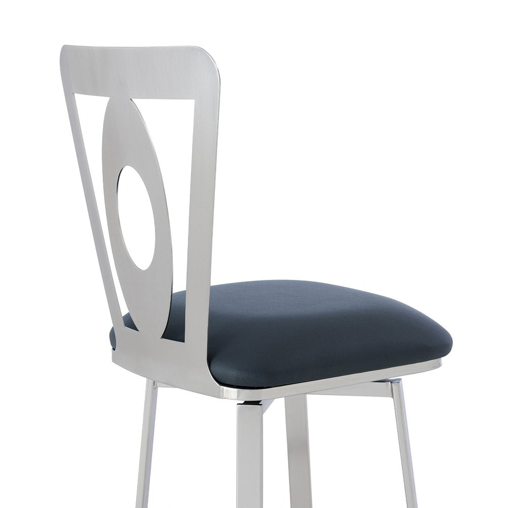 30" Gray And Silver Faux Leather And Iron Swivel Bar Height Bar Chair HomeRoots