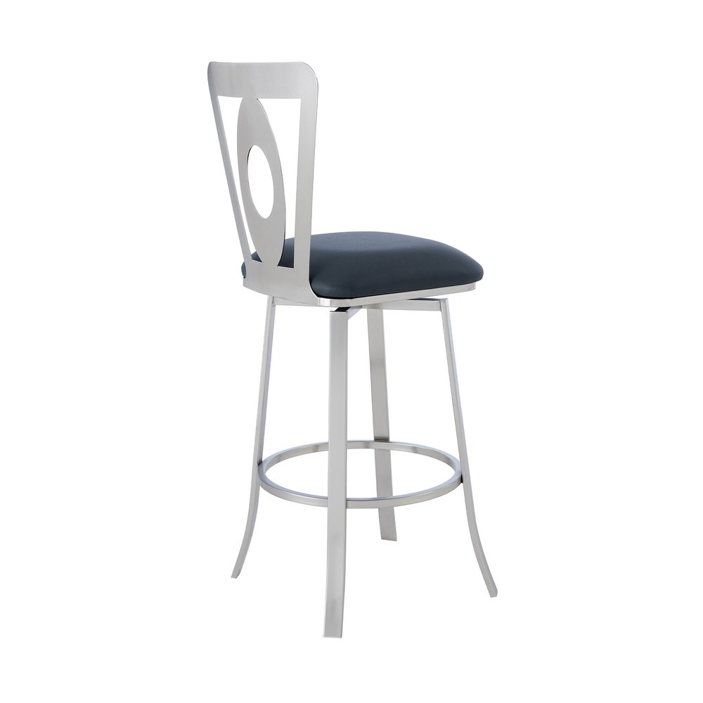 30" Gray And Silver Faux Leather And Iron Swivel Bar Height Bar Chair HomeRoots