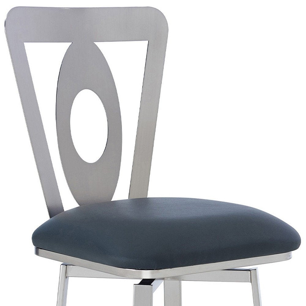 30" Gray And Silver Faux Leather And Iron Swivel Bar Height Bar Chair HomeRoots