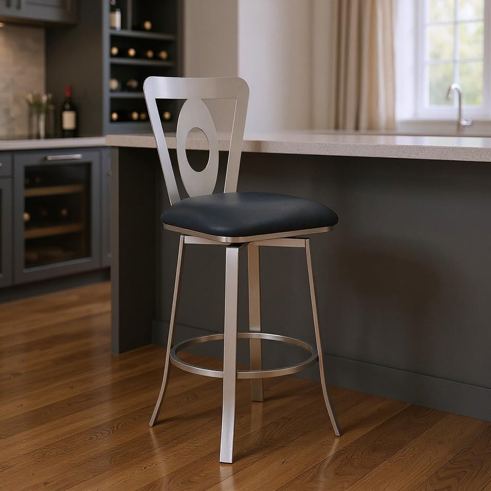 30" Gray And Silver Faux Leather And Iron Swivel Bar Height Bar Chair HomeRoots