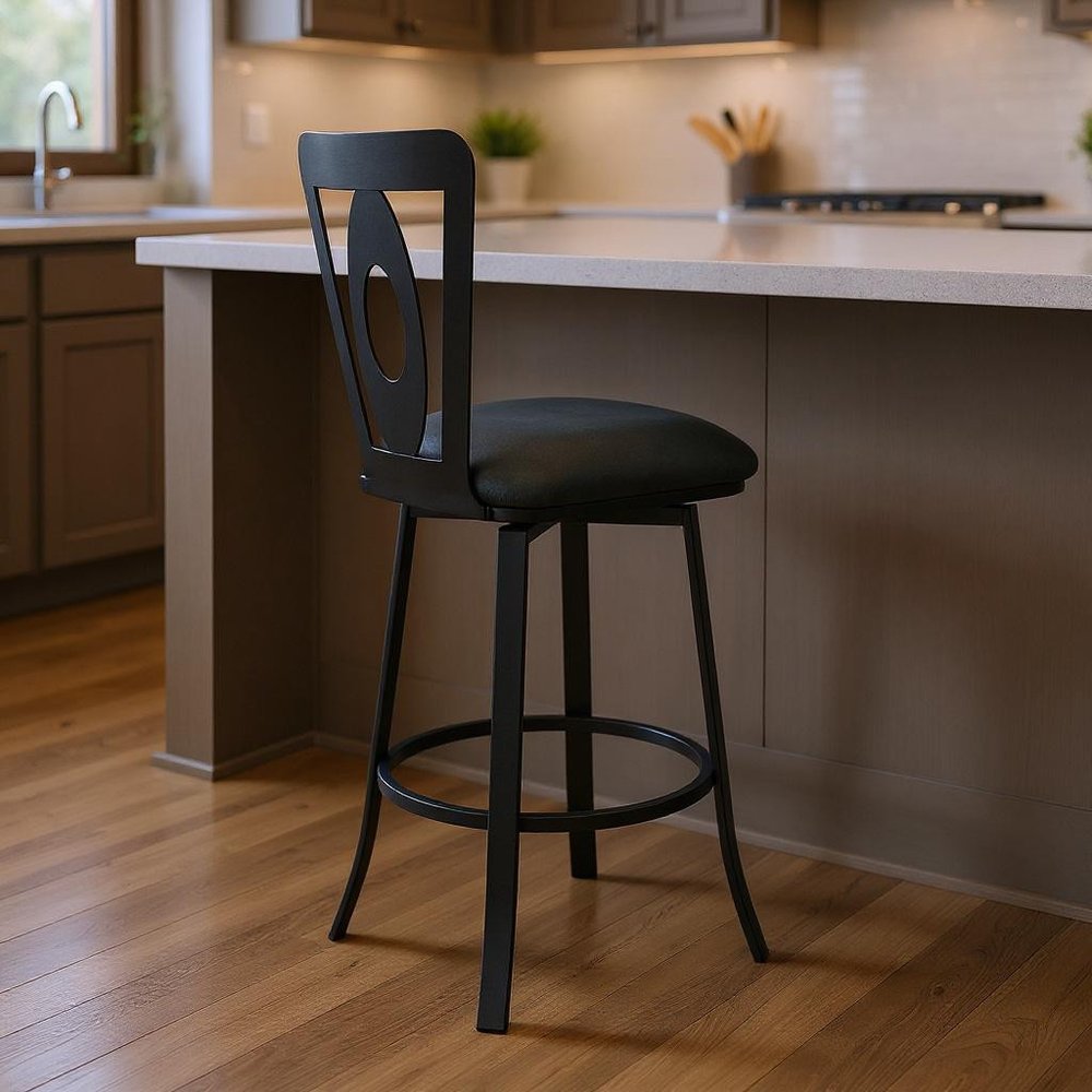 26" Gray And Black Faux Leather And Iron Swivel Counter Height Bar Chair HomeRoots