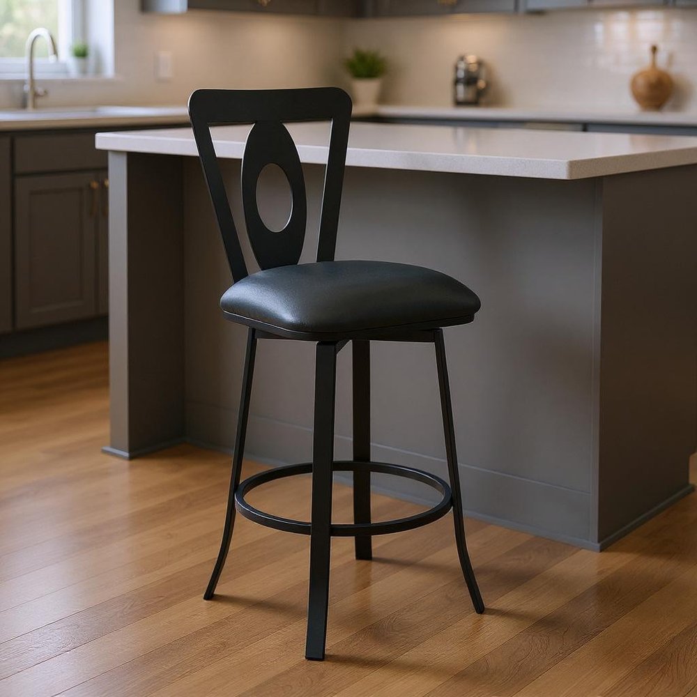 26" Gray And Black Faux Leather And Iron Swivel Counter Height Bar Chair HomeRoots