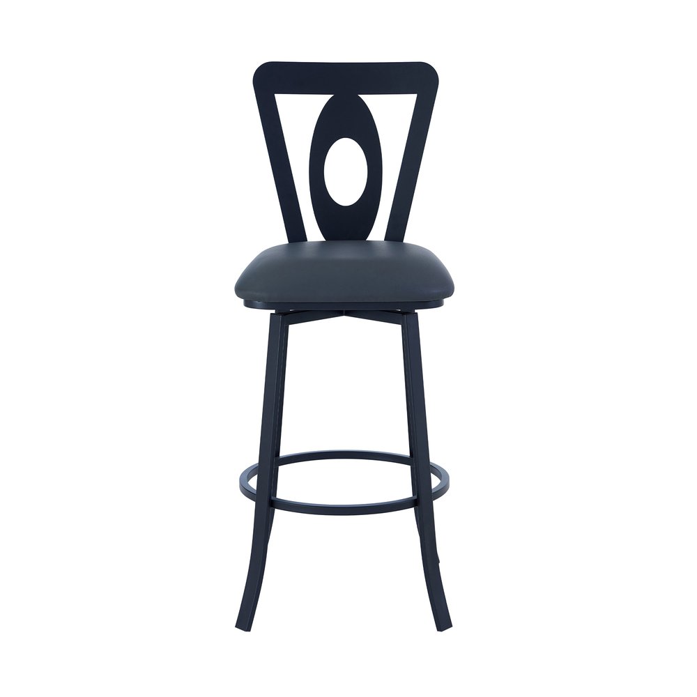 30" Gray and Black Faux Leather and Iron Bar Height Swivel Bar Chair HomeRoots