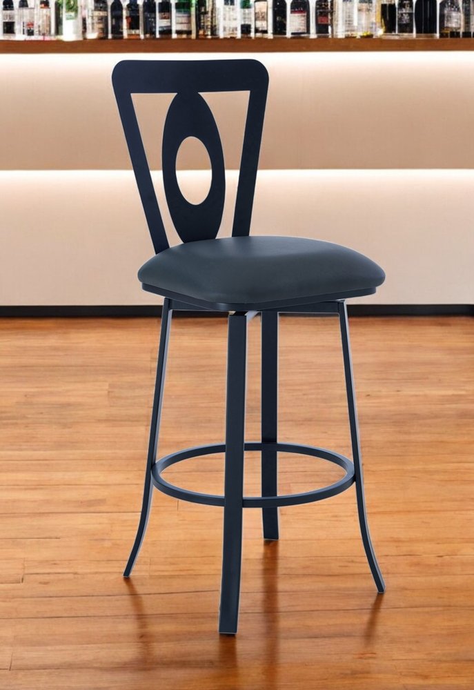 30" Gray and Black Faux Leather and Iron Bar Height Swivel Bar Chair HomeRoots