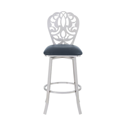 30" Gray And Silver Fabric And Iron Bar Height Swivel Bar Chair HomeRoots
